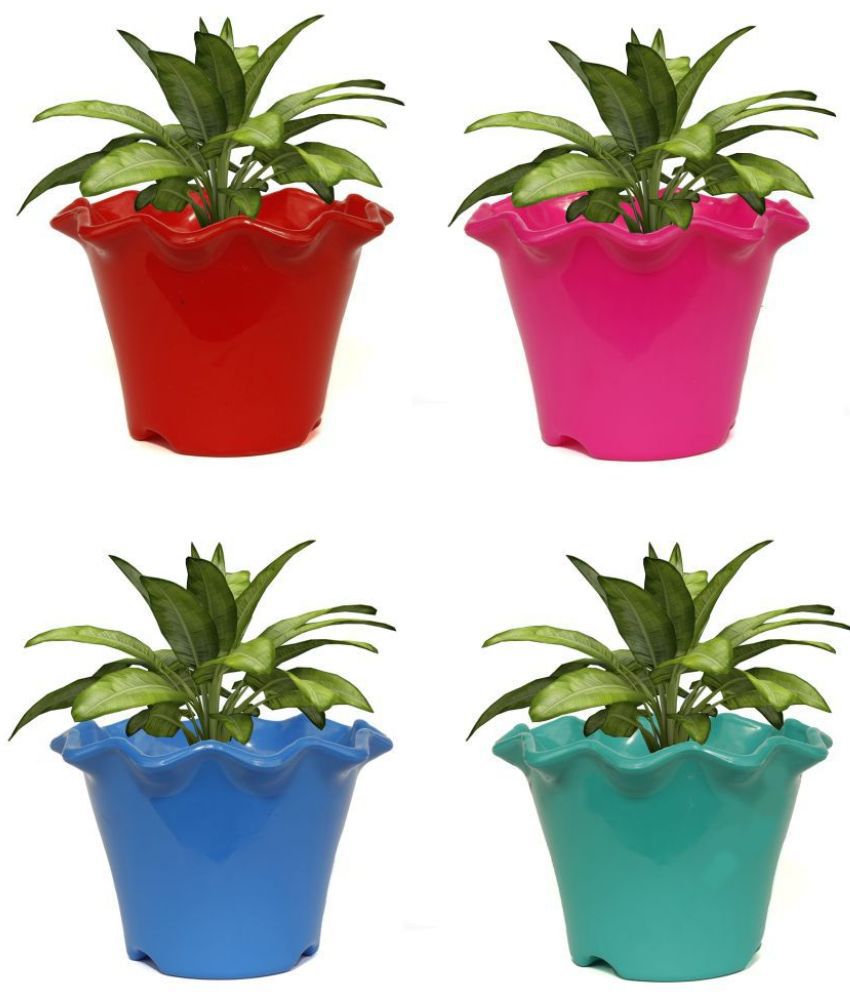 Homspurts Multicolour Blossom 7  inches Plastic Gardening Pots  Set of  4