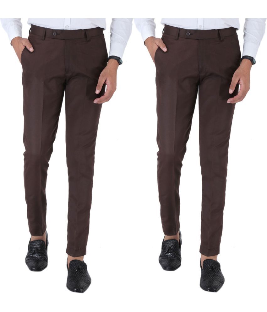     			SREY Coffee Slim -Fit Flat Trousers Pack of 2