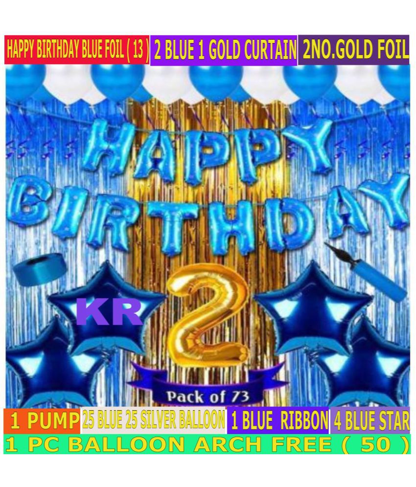     			KR Solid Second/2nd happy birthday combo/kit material for party decorations Happy Birthday Blue Foil(13) 2 Blue Curtain,1 Gold Curtain 50 Blue Silver Balloon 2 No. Gold Foil Balloon 4 Blue Star  (Set of 73)
