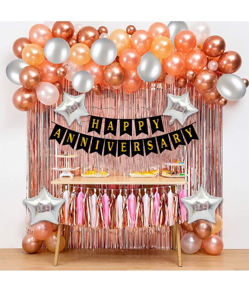     			Party propz Anniversary Decoration Items Combo For Home -31 Items Rose Gold Combo Set Bunting, Curtains, Balloons, Foil Balloons anniversary decoration items For Bedroom