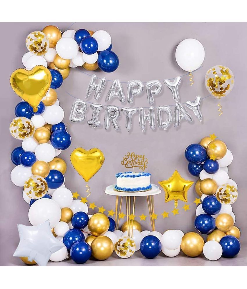     			Party propz Happy Birthday Decoration Kit - 58pcs Blue Combo Set Banner, Balloon, Metallic, Confetti, Heart and Star Foil And Glitter Cake Topper For Boys, Husband, Adult, 30th 40th 50th 60th Party Supplies