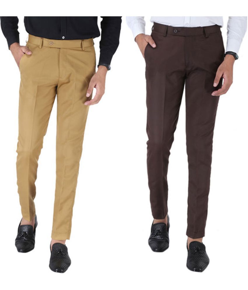     			SREY Khaki Slim -Fit Flat Trousers Pack of 2