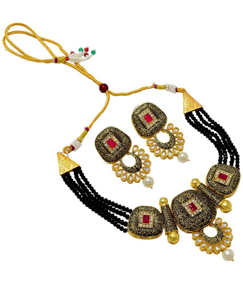     			Jewar Mandi Brass Black Designer Necklaces Set Choker