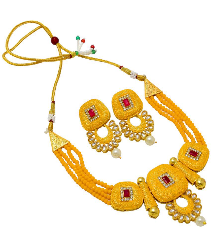     			Jewar Mandi Brass Yellow Designer Necklaces Set Choker