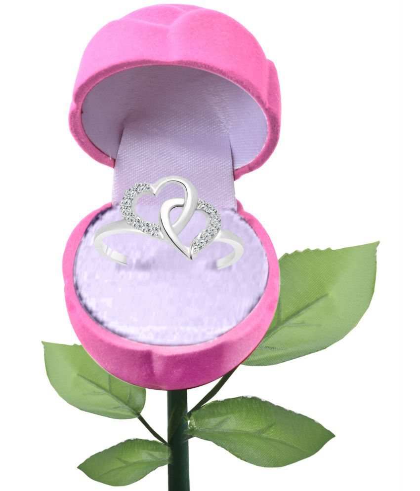     			Vighnaharta Double Heart CZ Rhodium Plated Alloy Ring with PROSE Ring Box for Women and Girls - [VFJ1198ROSE-PINK8]