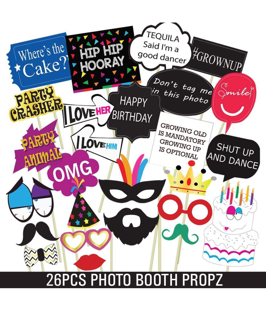     			Party Propz Birthday Photo Booth Props 26Pcs Set With Funny Crown Fun Mask Hats Beard Happy Face Wig Mustache Prop For Boys Girls Kids Selfie Photobooth,Birthdays Parties Items Decorations Supplies