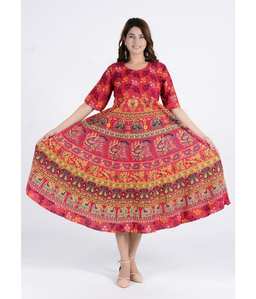     			Rangun Cotton Red A- line Dress - Single