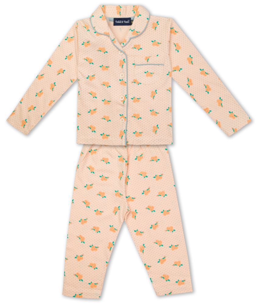     			Todd N Teen Unisex Kids Girls And Boys Cotton printed NightSuit, Dailywear, Clothing Set With Pajama Peach 6-12 Months