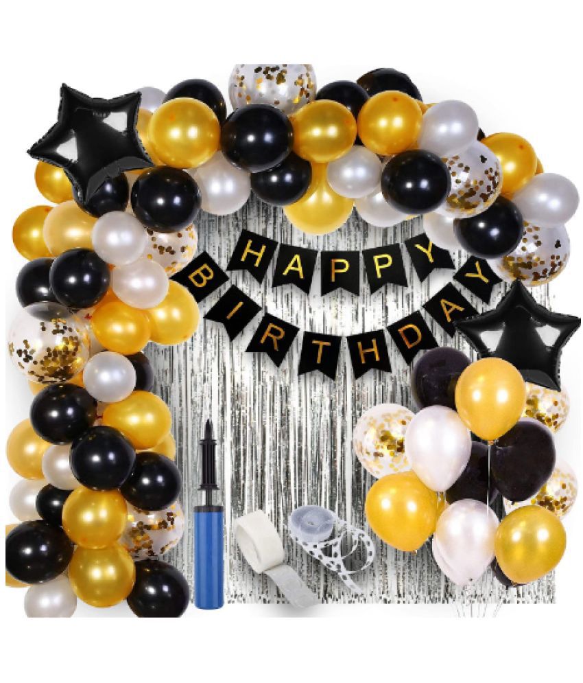 Blooms Event Black,white + Golden Happy Birthday  Banner +Latex Party Balloons combo