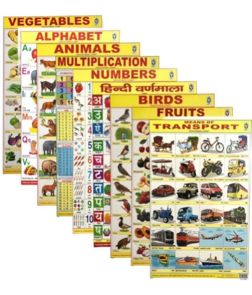     			Jumbo All in One Educational Charts for Kids - 9 Charts (Size 100X75 CM) - Learn about English Alphabets, Fruits, Vegetables,Transport, Numbers, Animals, Multiplication, Hindi Varmala & Birds with Colourful Pictures for Children