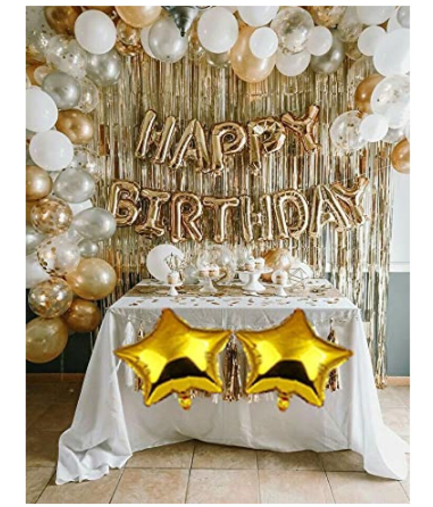 Blooms Event Golden and silver Happy Birthday Decoration Combo Kit with Banner, Balloons, Foil Curtain, 50pcs for Birthday Decoration