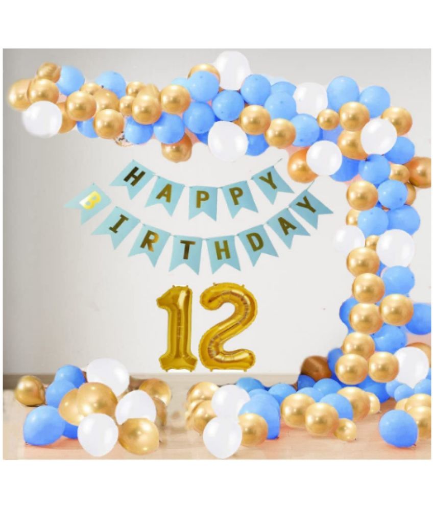     			Blooms Event12 Year Decoration kit For Boy and Girl Happy-Birthday 62 Pcs Combo Items 20 golden, 20 White 20 Blue balloons and 13 letter happy birthday banner and 12 letter golden foil balloon.