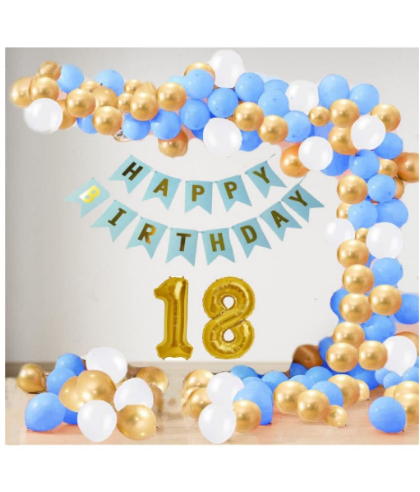     			Blooms Event18 Year Decoration kit For Boy and Girl Happy-Birthday 62 Pcs Combo Items 20 golden, 20 White 20 Blue balloons and 13 letter happy birthday banner and 18 letter golden foil balloon.