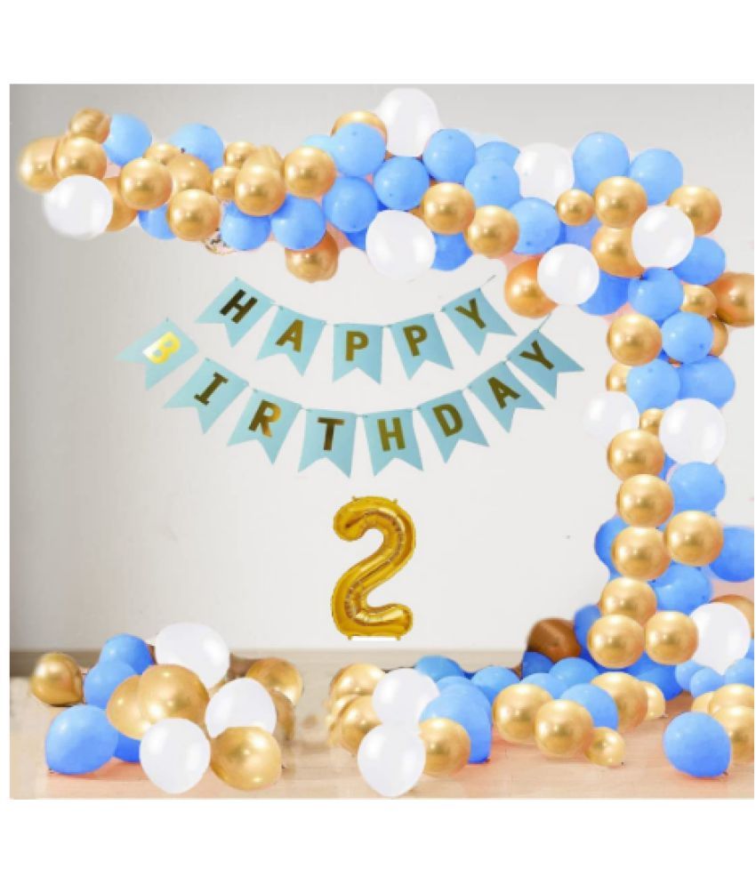     			Blooms Event2 Year Decoration kit For Boy and Girl Happy-Birthday 62 Pcs Combo Items 20 golden, 20 White 20 Blue balloons and 13 letter happy birthday banner and 2  golden foil balloon.