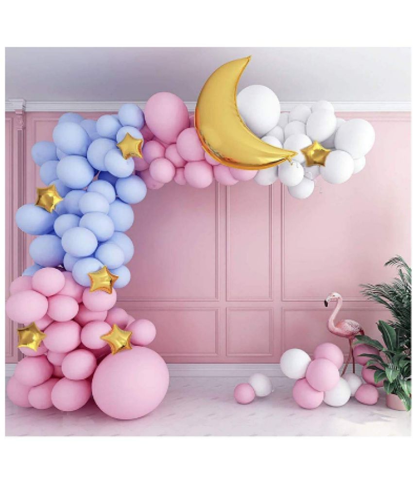     			Blooms EventBlue Pink White Balloons Arc With Golden Moon + golden star Foil Combo