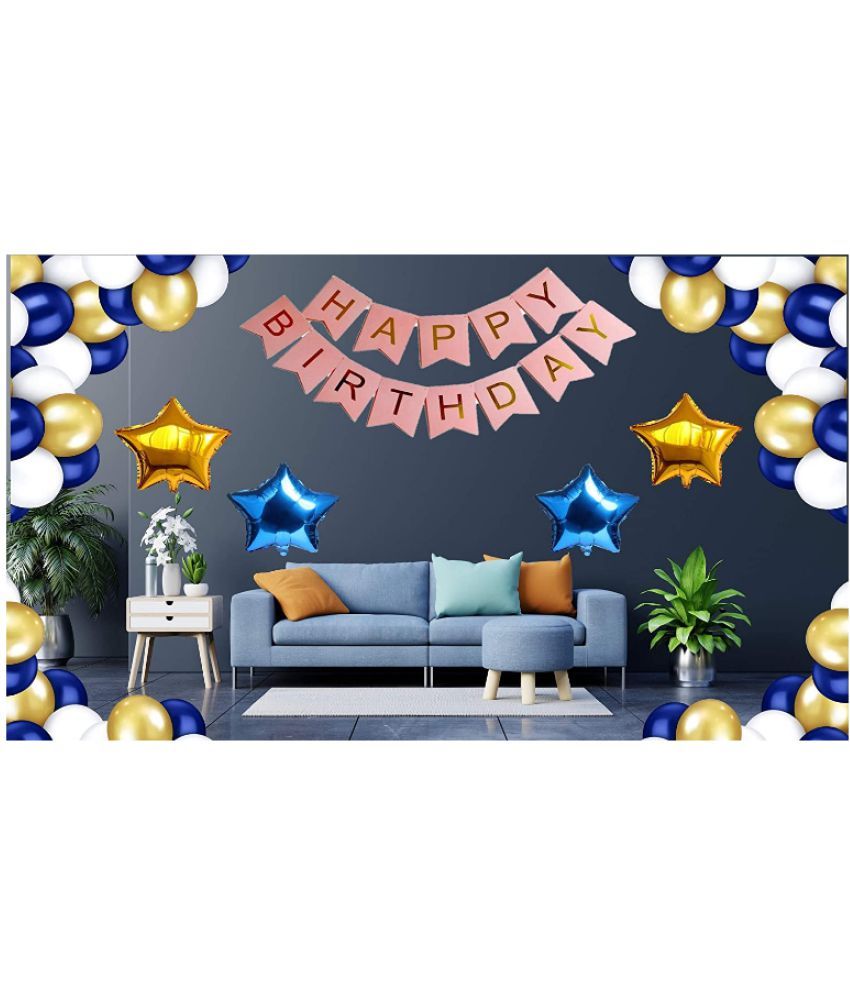     			Blooms EventHappy Birthday Decoration Items  Pink HBD Banner+ 30 HD Metallic Royal Blue , Gold & White Balloons Decoration +  (2 Gold Star & 2 Royal Blue) Star