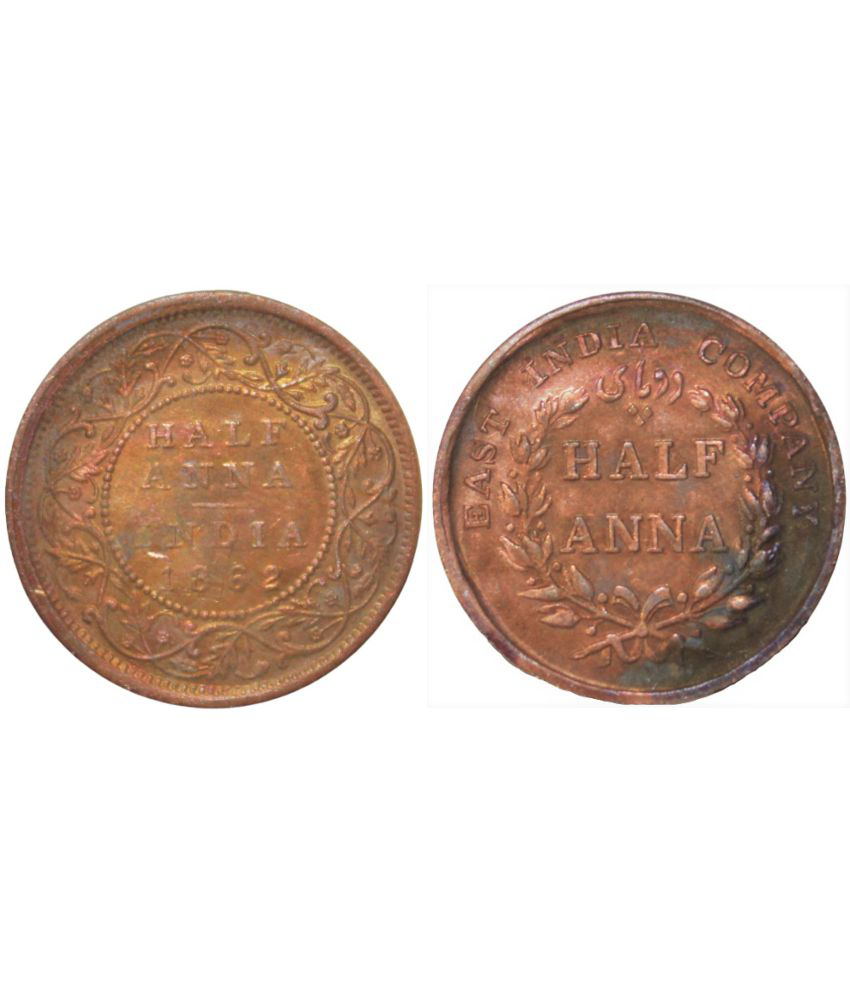     			(Combo Pack) Half Anna (1862) and Half Anna (1845) British India Pack of 2 Rare Coins