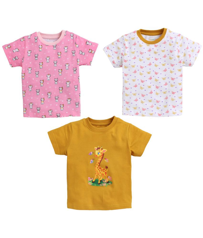     			BUMZEE Mustard & Pink Half Sleeves Baby Girls T-Shirt Pack Of 3 Age - 3-6 Months
