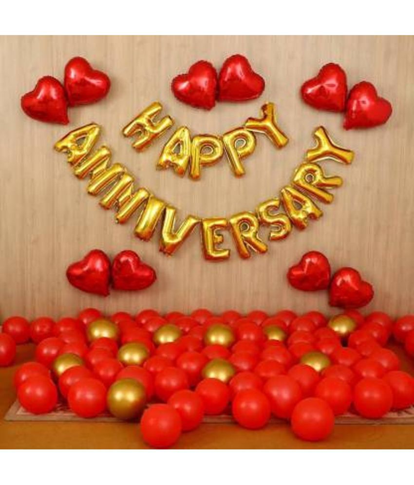     			KR Solid Anniversary Decorations for Home Balloon Kit with Golden Happy Anniversary Letters, Red Heart Foil Balloons, Golden Metallic Balloons and Red Latex Balloons Balloon Bouquet