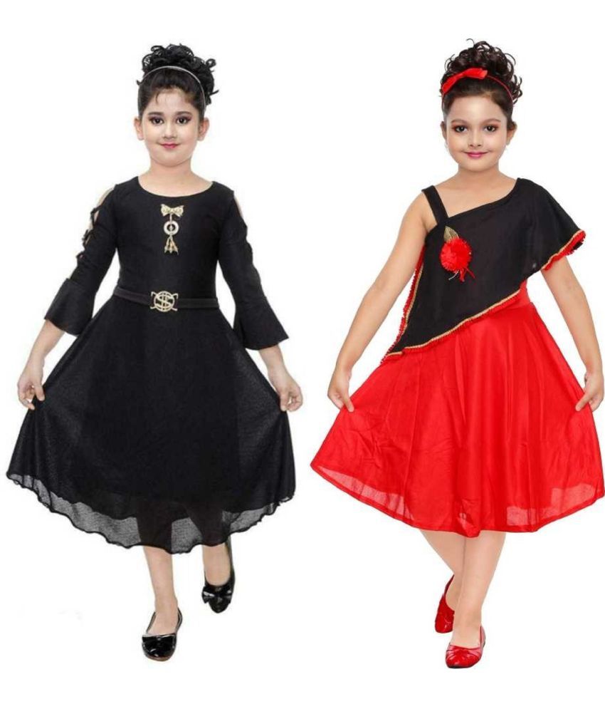     			SBN - Black & Red Cotton Blend Girl's Fit And Flare Dress ( Pack of 2 )