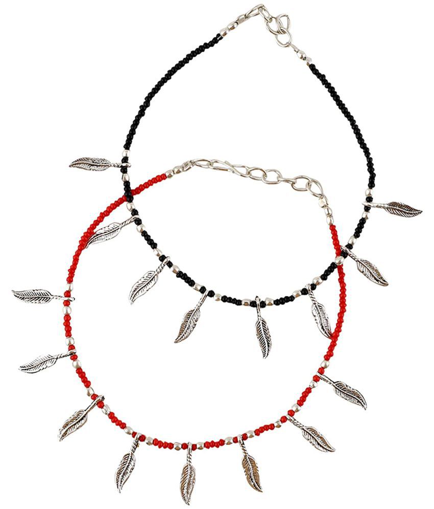     			Black & Red Leaf Beads Oxidised Silver Anklet Nazariya Combo for Women and Girls