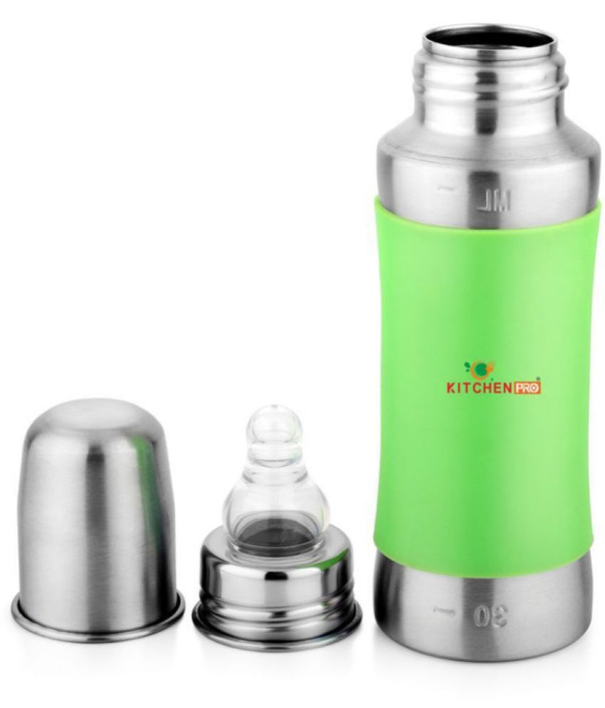 Kitchen Pro Stainless Steel Grade 304 Baby Feeding Bottle With Internal ML Marking, Green Silicone Sleeve (240 ML)