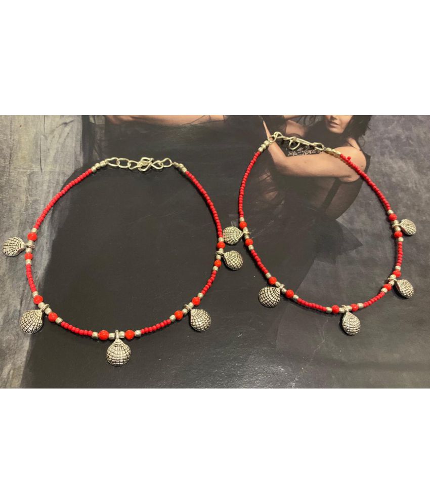     			Red Silver Shell Beads Oxidised Silver Anklet Nazariya Combo for Women and Girls 2 pcs