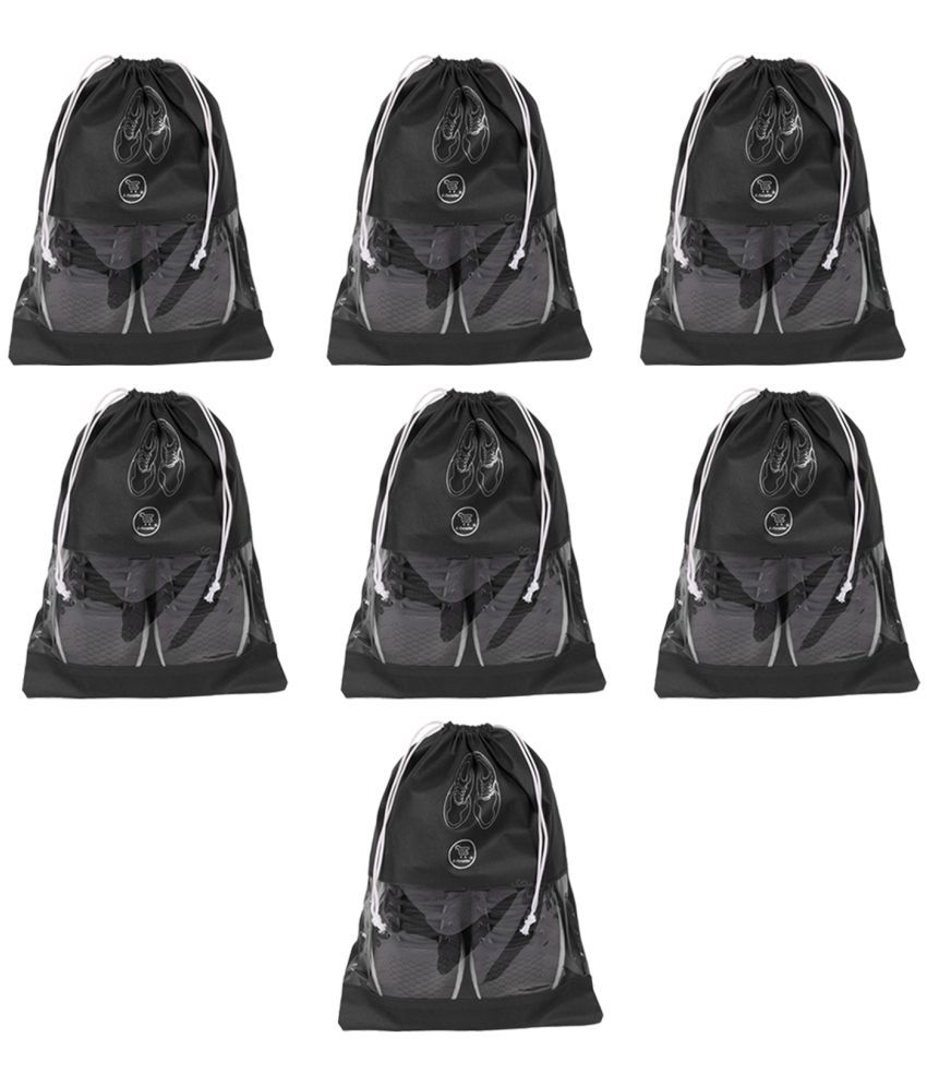     			E-Retailer Non Woven Fabric Travelling Shoe Organising Bag with Transperent Window for Boots & High Heel-Pack of 7pc, Black, (15x12 Inches)