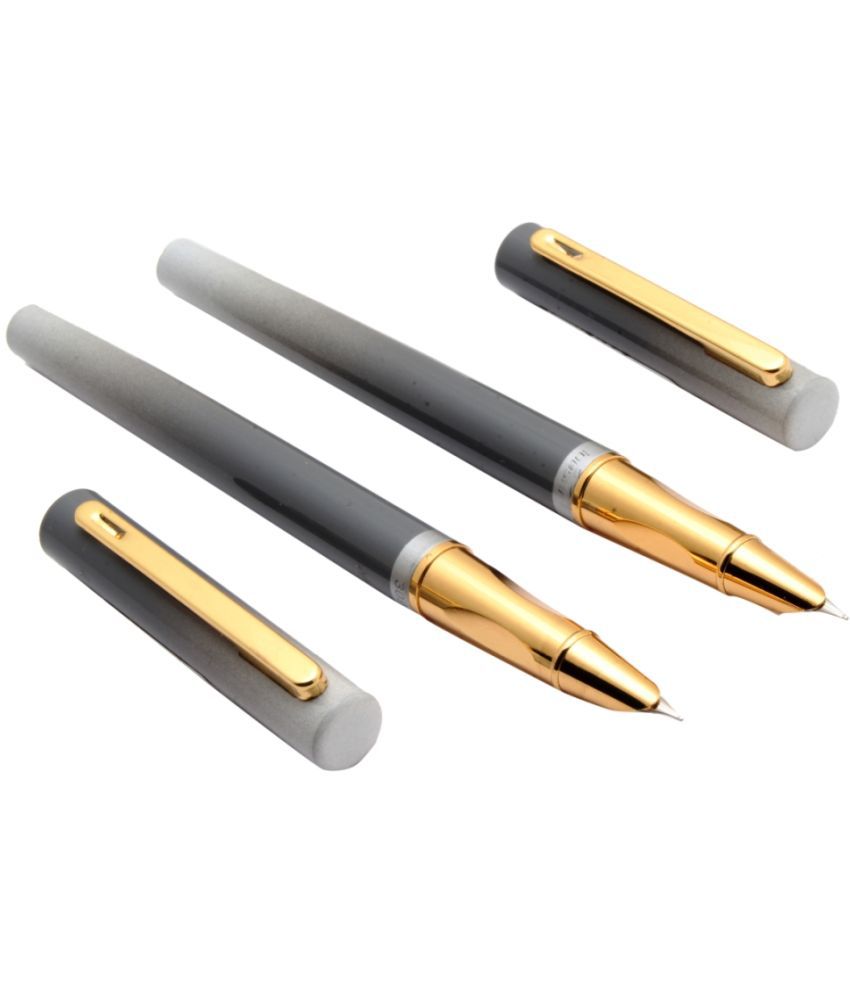     			Srpc Set Of 2 - Luoshi 3090 Space Fountain Pen Grey Dual Color Body Golden Trims Fine Nib