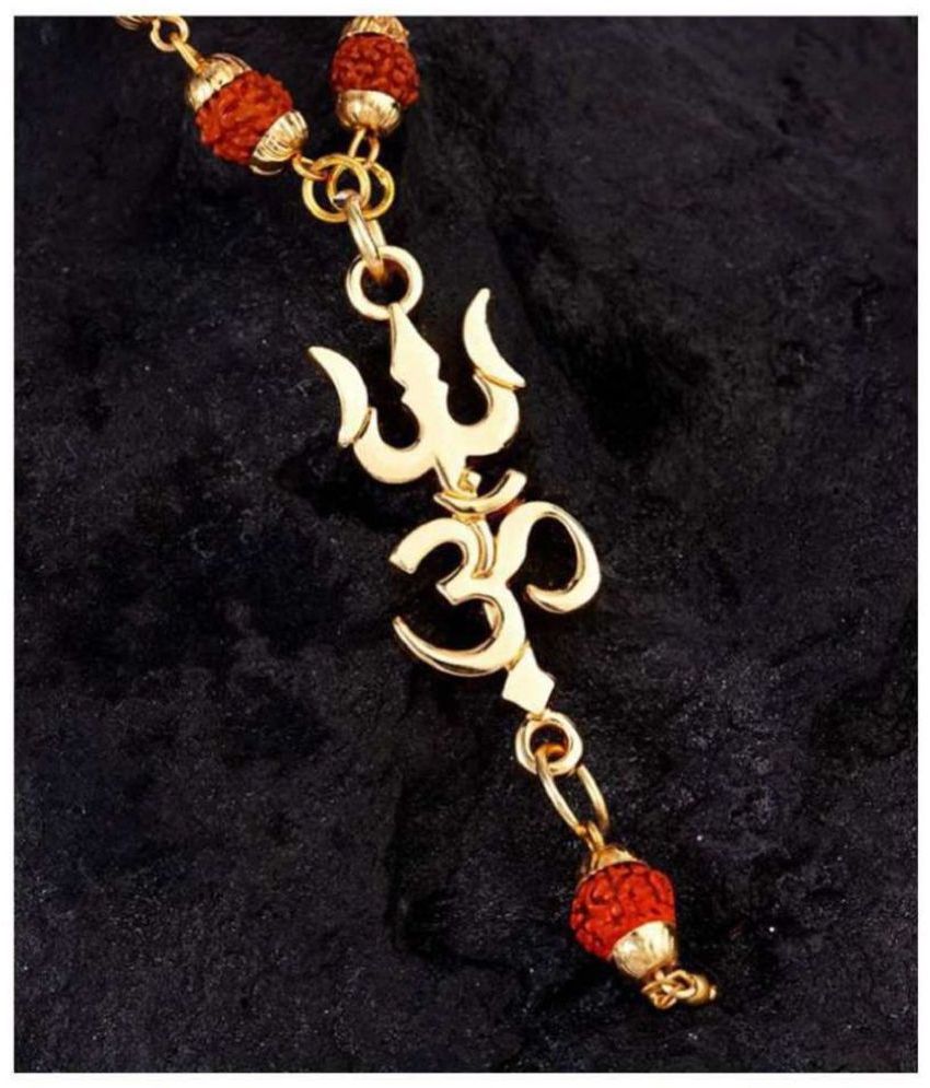     			Amriteous  Religious Jewelry Lord Shiv Trishul Om With Puchmukhi Rudraksha Mala Gold-plated Plated Wood Chain Gold-plated Brass, Wood