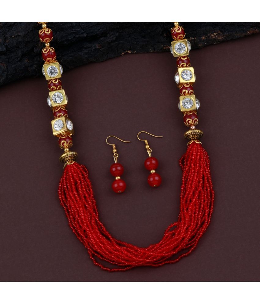     			ShreejiHuf Alloy Red Traditional Necklaces Set Long Haram