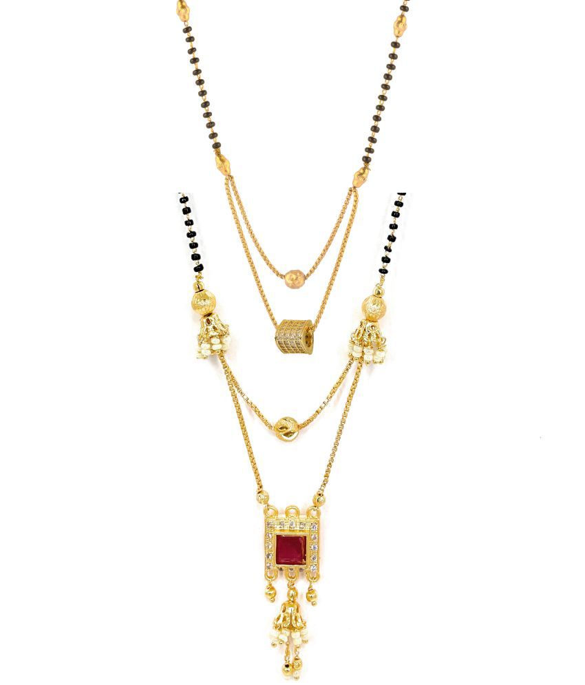     			Jewellery American Diamond One Gram Gold Plated Nacklace Combo of 2 Mangalsutra Tanmaniya Nallapusalu Black Bead And Golden Chain For Woman and Girls