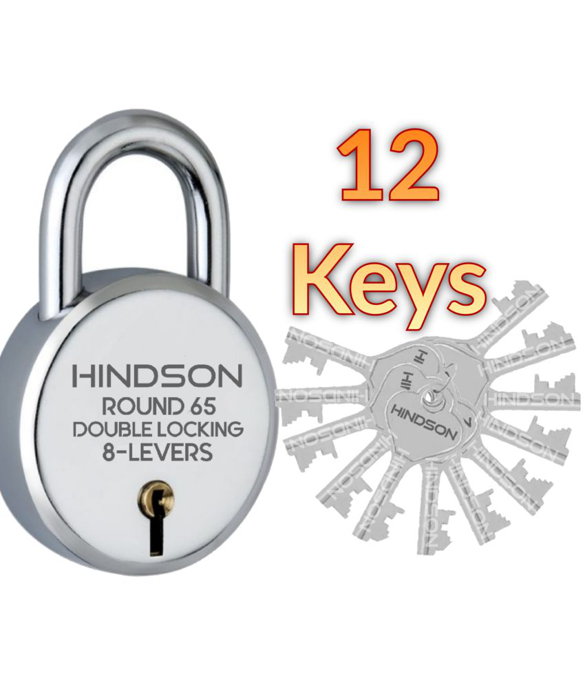     			HINDSON-Tools Hardware Round 65 Padlock/door lock with 12 Keys ,Link Steel Double Locking 8 Lever Silver