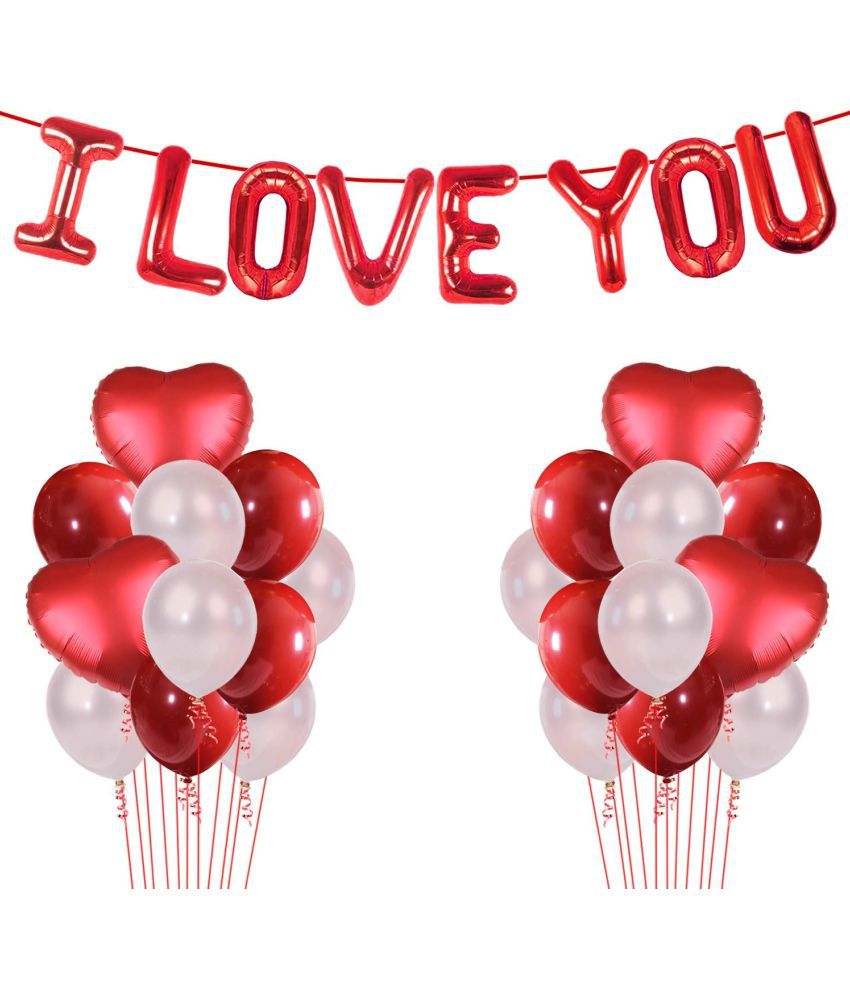     			Party propz 35 Pieces Valentine Decorations Set Red Heart Foil Balloon I Love You Balloon Round Metallic Balloons for Valentine Decoration Party, Anniversary Party, Bridal Shower and More on.