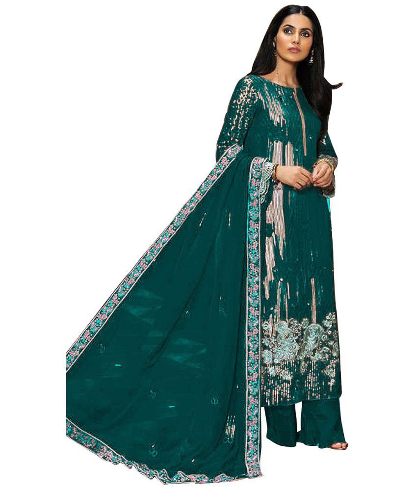 ZARIN TRENDZ Green Georgette Pakistani Semi-Stitched Suit - Single