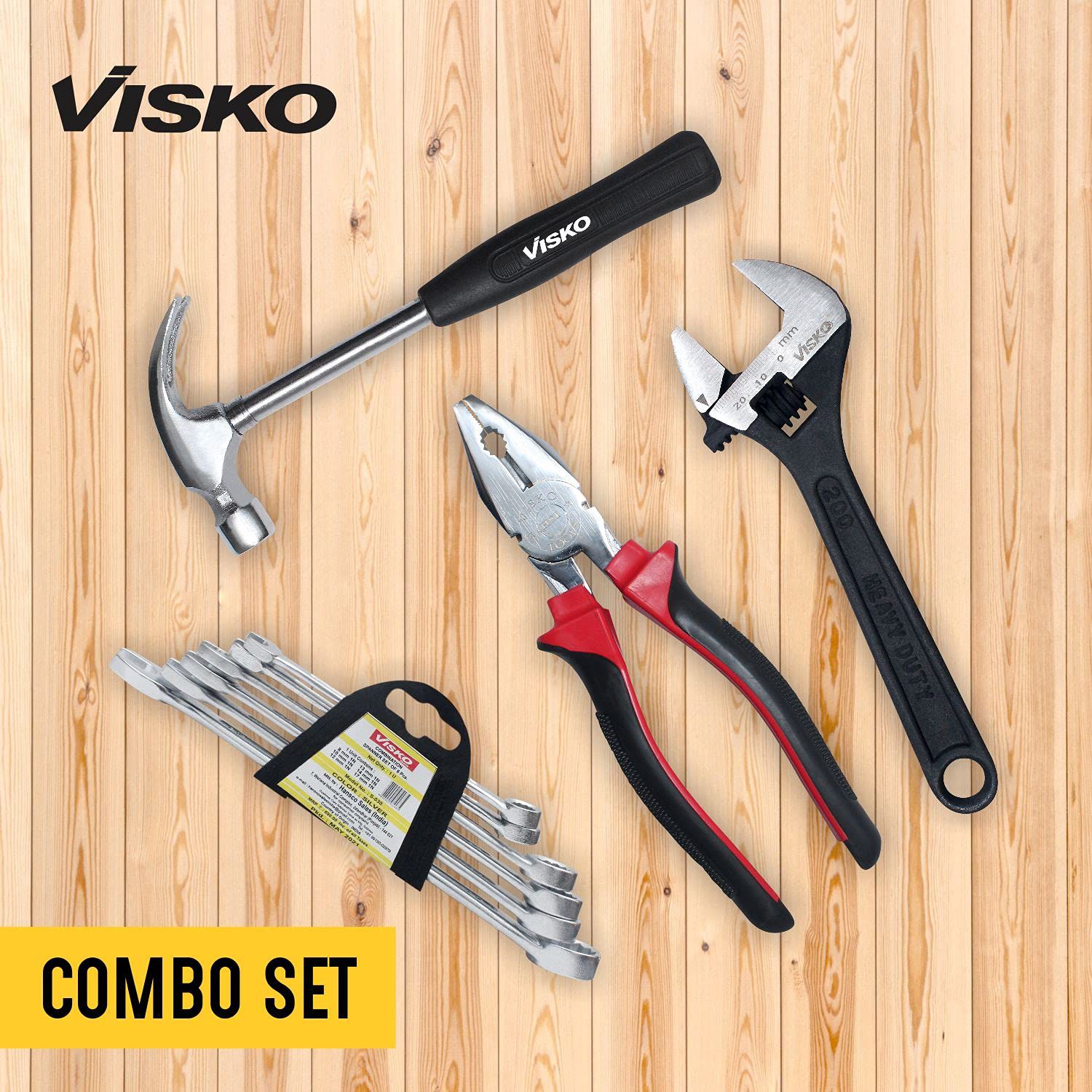 Visko Hand Tools Combo ,814 Tools Combo With 261 Lineman Plier (Length : 8 inch),331 Phosphate Finish Single Sided Open End Wrench ,Steel Shaft 12.7cm Claw Hammer ,Spanner Set Combination Spanner Set of 6 Pcs