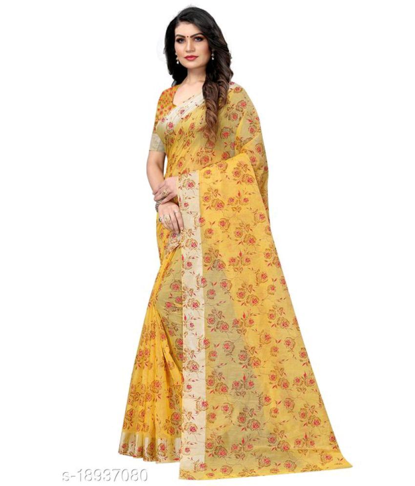     			AARTI SELECTION Yellow Cotton Saree -