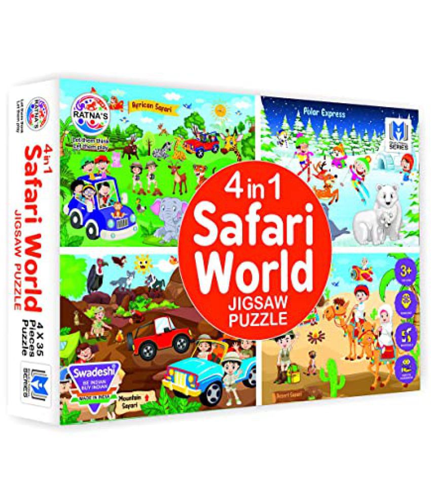     			Ratna's 4 in 1 Safari World Jigsaw Puzzle for Kids. 4 Puzzles with 35 Pieces Each (African Safari, Polar Express, Mountain Safari & Desert Safari)