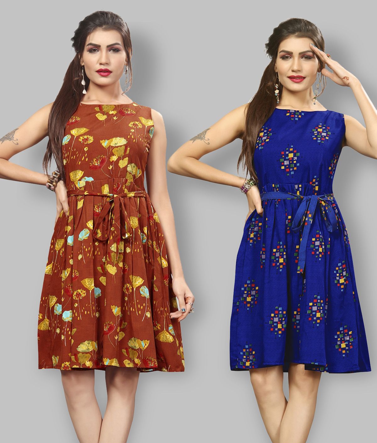     			Hiva Trendz Crepe Multi Color Fit And Flare Dress