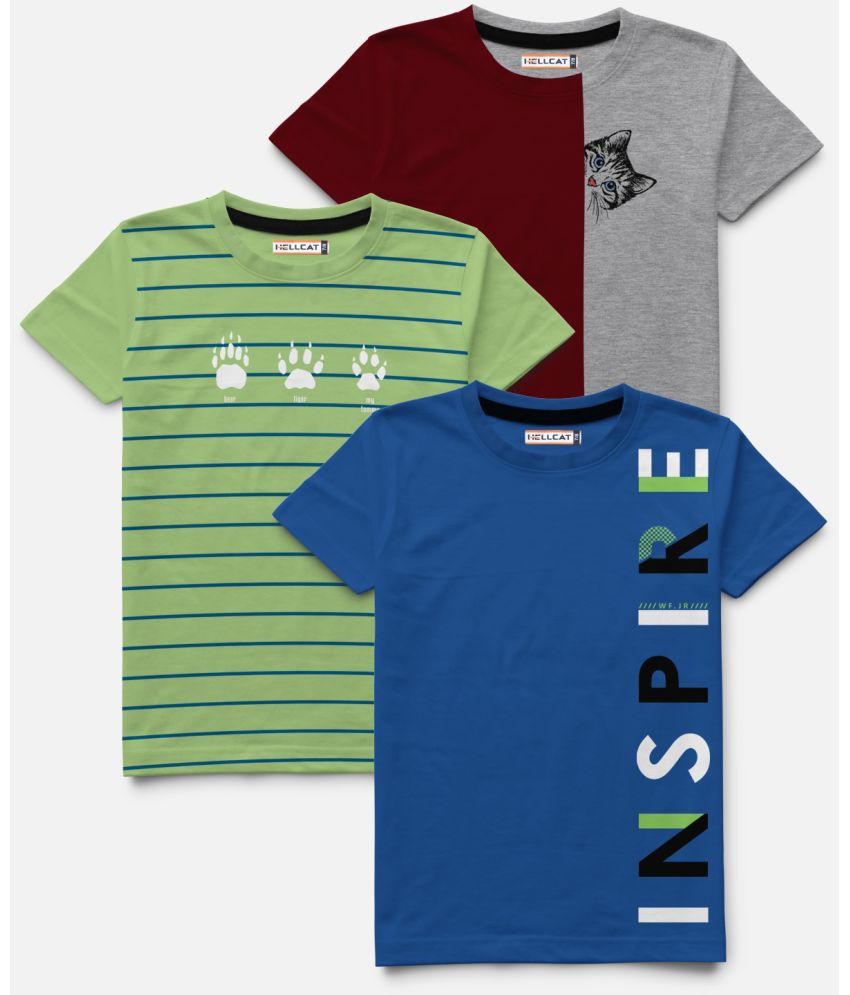 HELLCAT Trendy Pack Of 3 Printed Round Neck Half Sleeve Tshirt For Boys
