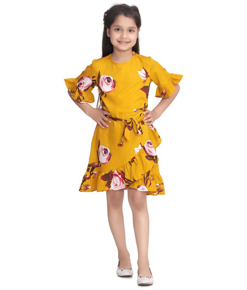     			StyleStone Girls Mustard FloralPrint Dress with Ruffle