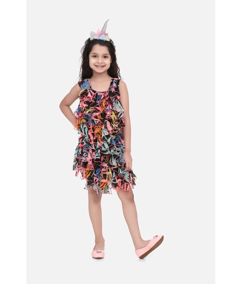     			SyleStone Girls Black Chiffon Printed Ruffle Dress