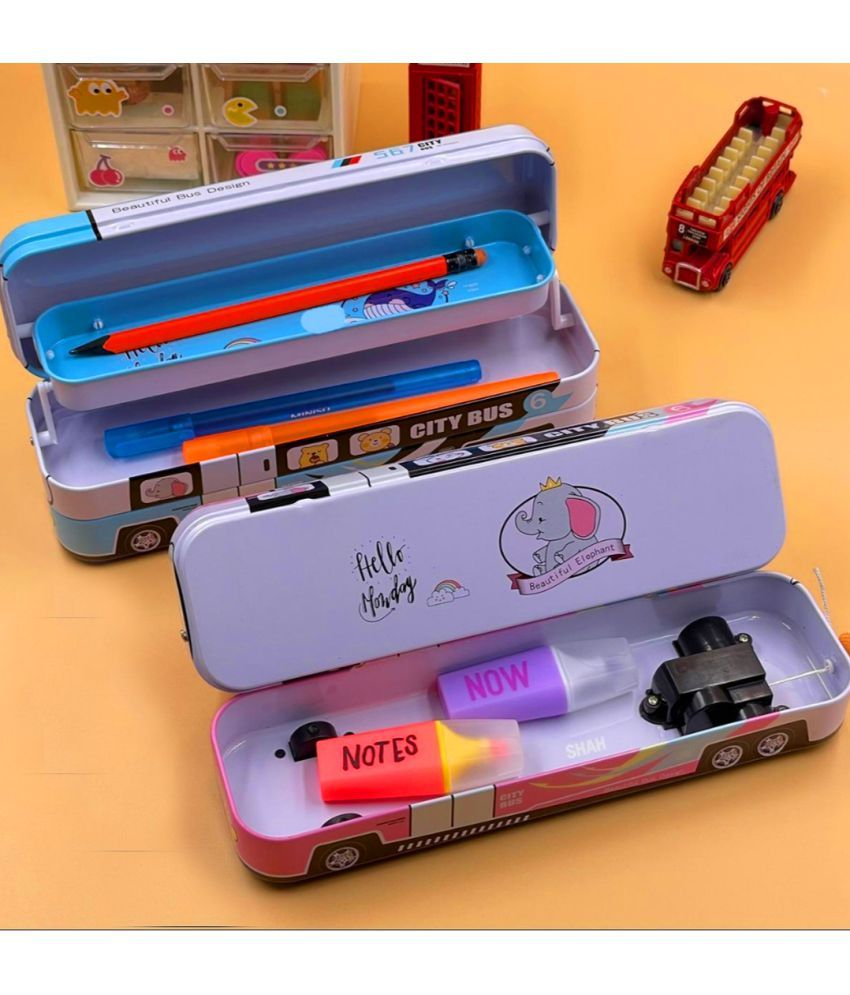 KIVYA School Bus Shaped Pencil Box for Kids with Wheels and Sharpener