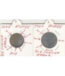 NUMISMATTECLY  RARE AND COLLECTIBLE -ONE AND TWO  R.S.COPPER STEEL-, WITH - DIE SHIFTED DIE ROTATION ERROR.YEAR-2013-2014.IN   FINE CONDITION HIGHLY COLLECTIBLE ,WIGHT-3.79 -SIZE-22 -MM AND 4.85. GRAMS-25-MM