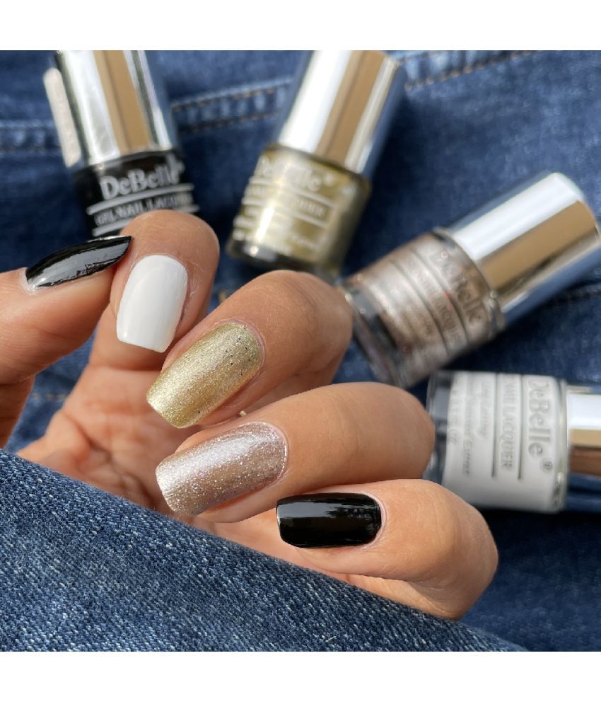     			DeBelle Gel Nail Lacquers Combo set of 4 Yumberry Skittles - Vanilla Croissant(One Coat White), Canopus(Beige Gold with Black Glitter), Sparkling Dust(Glitter), Luxe Noir(Balck) 32ml (8ml Each) Gift for girls