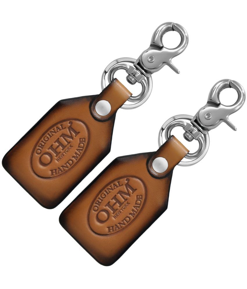     			OHM NEW YORK Pack of Two Leather Key Chains with Metal Hook Brown