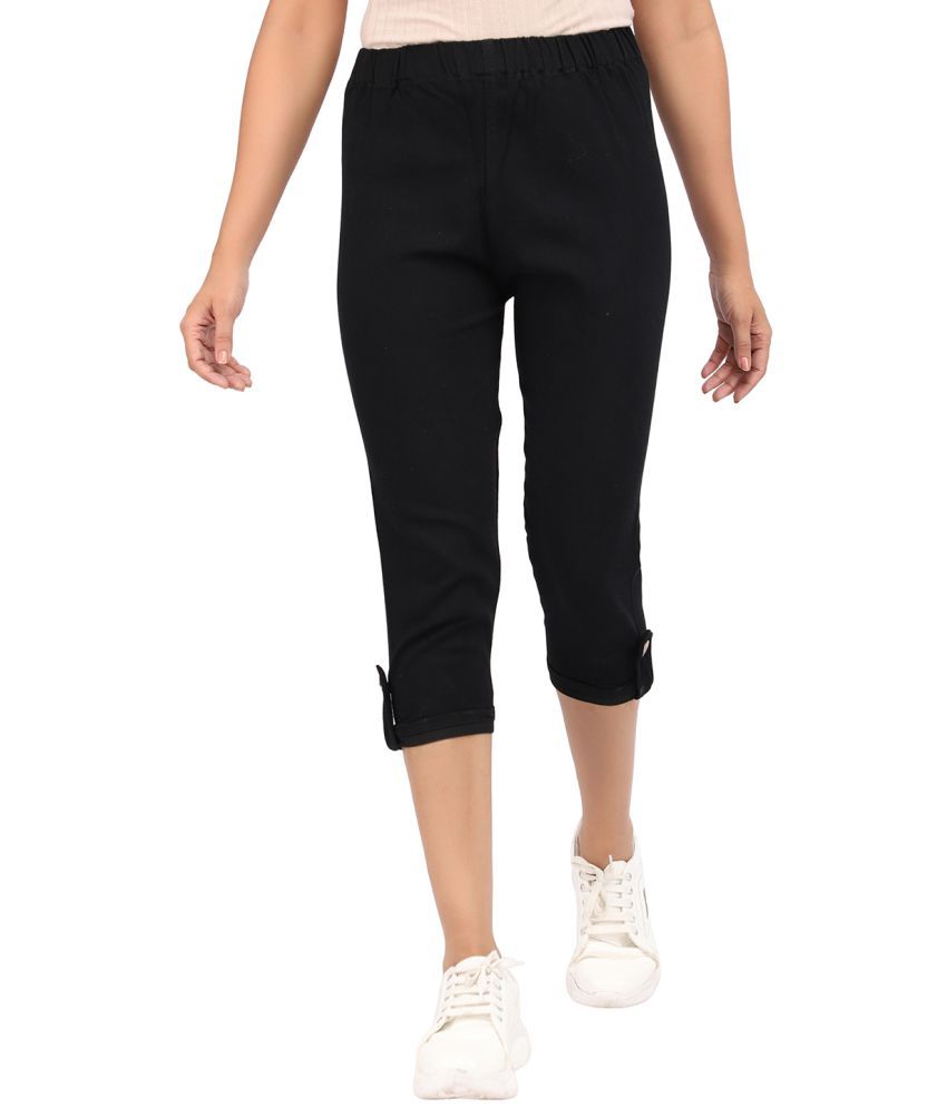     			AngelFab Black Cotton Solid Capri - Single