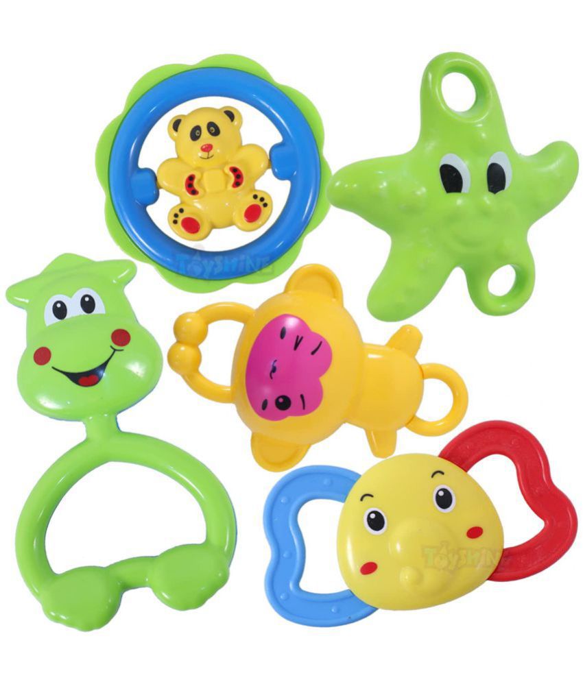 Toyshine Pack of 5 Rattle Set with Teathers for New Born Babies, Toy for Babies, Non-Toxic- Star- Model B