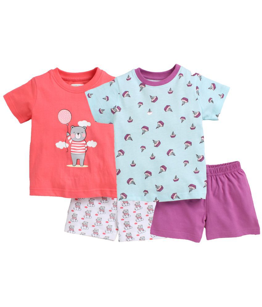     			BUMZEE Purple & Pink Girls T-Shirt & Shorts Set Pack of 2 Age - 5-6 Years