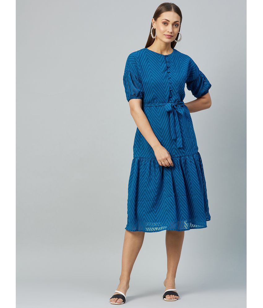     			Rare Poly Georgette Blue Fit And Flare Dress - Single